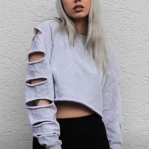 NWOT Cropped Ripped Sleeve Pullover